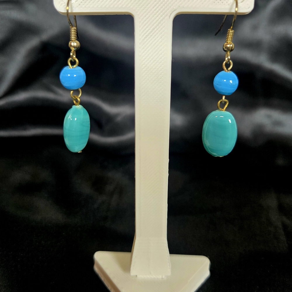 Handmade Blue and Gold Dangle Earrings With Green Stone Drop